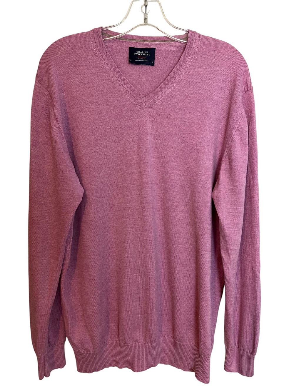 Charles Tyrwhitt 100% Merino Wool V Neck Sweater Pink L Preppy Quiet Luxury